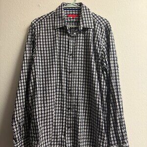 Report Collection Men's Black & White Button Long Sleeve Cotton Shirt, Size: L